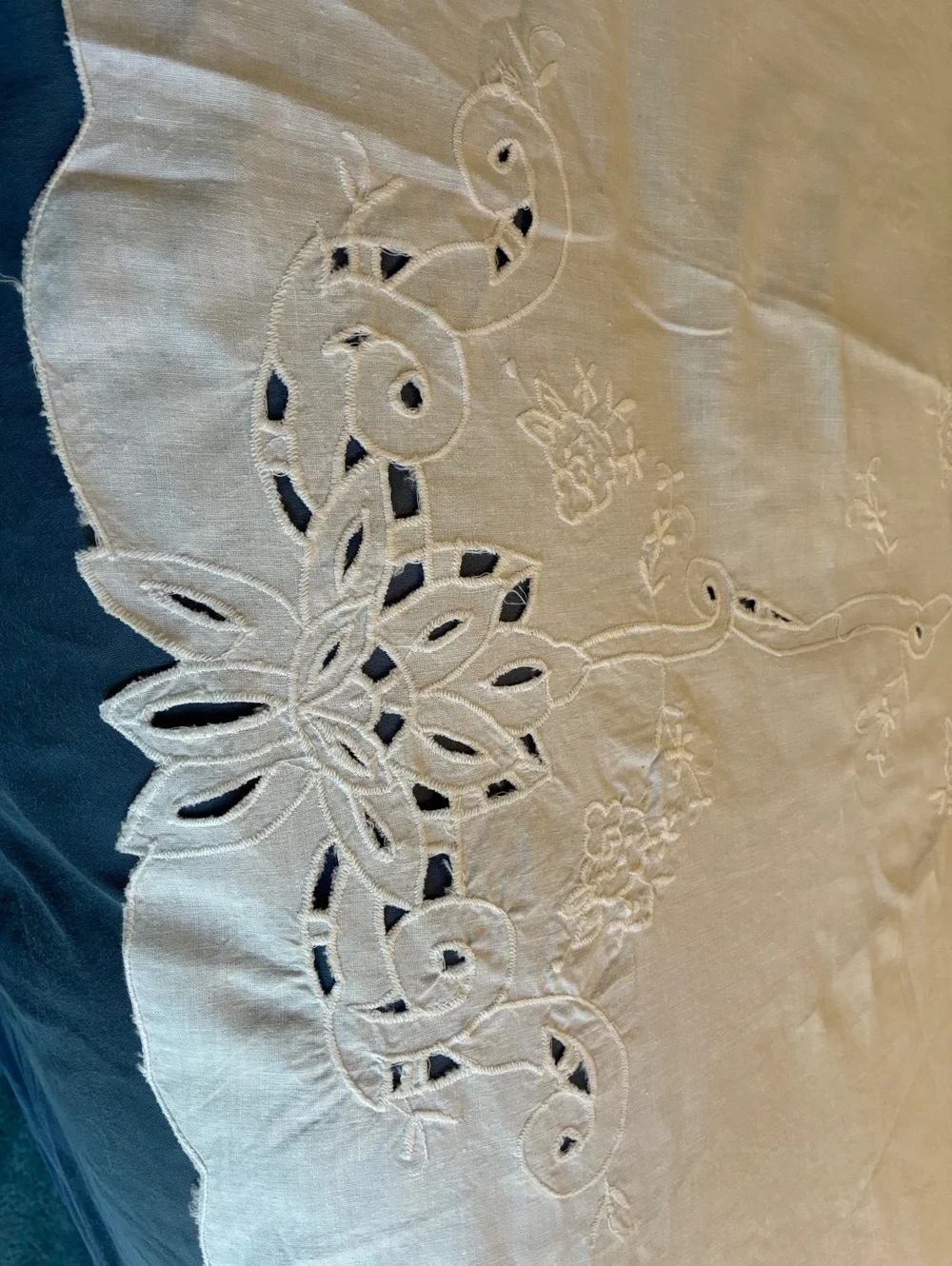 Vintage Round White Embroidered Tablecloth 65